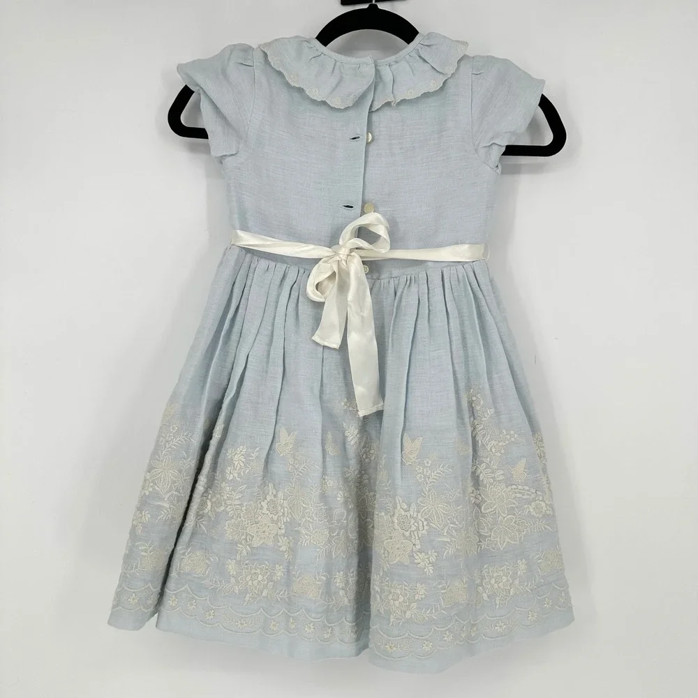 Ralph Lauren Floral Embroidered Ruffle Overlay Blue Hemp Dress Peter Collar 5‎